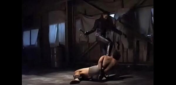  asian femdom full leather pants and jacket trampling ball kicking with long fetish boots